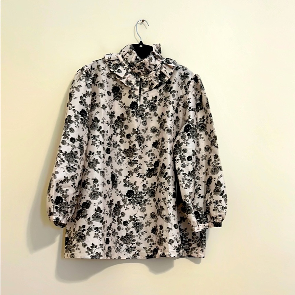 Tuckernuck Black Floral Ruffle-Neck Blouse on Cream